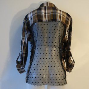 Womens Hi Gorgeous Multicolor Beaded Sheer Button Down Flannel Plaid Shirt M *